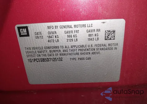 2013 Chevrolet Cruze 1Lt Auto z USA, uszkodzony, nr VIN 1G1PC5SB5D7125132